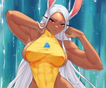 1girl abs animal_ear_fluff animal_ears boku_no_hero_academia breasts dark-skinned_female dark_skin flexing gabriel_carrasquillo half-closed_eyes halterneck head_tilt highleg highleg_one-piece_swimsuit large_breasts leotard leotard_under_clothes long_hair mirko muscular muscular_female one-piece_swimsuit rabbit_ears rabbit_girl red_eyes sideboob skin_tight solo swimsuit thank_you turtleneck turtleneck_one-piece_swimsuit twitter_logo very_long_hair water waterfall wet white_hair yellow_one-piece_swimsuit