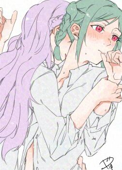 Rule 34 | 2girls, adversarial noise, collared shirt, commentary request, green hair, hand on another's waist, highres, holding another's wrist, kiss, kissing neck, love live!, love live! superstar!!, multiple girls, onitsuka tomari, parted lips, pink eyes, purple hair, shirt, simple background, surfacedxxc, sweat, white background, white shirt, wien margarete, yuri