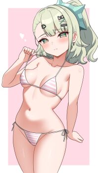 Rule 34 | 1girl, absurdres, bikini, blush, border, breasts, commentary request, green eyes, green hair, hair ornament, hairclip, highres, looking at viewer, medium hair, navel, pink background, simple background, small breasts, solo, stomach, striped bikini, striped clothes, sunna (zenless zone zero), swimsuit, thighs, white border, zakitaku8311, zenless zone zero