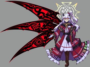 1girl absurdres alternate_design blue_eyes boots brown_boots capelet commentary demon_horns dress english_commentary evil_grin evil_smile frilled_dress frills full_body gloves grey_background grin hair_bobbles hair_ornament halo hand_on_own_chest hexagram highres horns jongk_ok long_hair looking_at_viewer multicolored_dress multiple_wings one_side_up pi_(math) reaching reaching_towards_viewer red_dress red_eyes shinki_(touhou) simple_background smile solo standing touhou touhou_(pc-98) two-tone_dress white_dress white_gloves white_hair wings yellow_halo