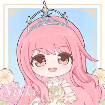 1girl absurdres armor bare_shoulders blue_background blue_gemstone border breastplate brown_eyes character_name chest_jewel chibi chinese_commentary clothing_cutout collar commentary_request detached_collar dress eyelashes flower gem hair_down happy highres infinity_nikki light_blush long_hair long_sidelocks looking_at_viewer melody_bloom_(infinity_nikki) nikki_(nikki) nikki_(series) offering_hand open_mouth outside_border picture_frame pink_flower pink_hair pink_rose pleated_dress rose see-through_clothes see-through_sleeves short_sleeves shoulder_cutout sidelocks smile solo tareme teeth tiara upper_body upper_teeth_only very_long_hair white_arm_warmers white_border white_collar white_dress white_flower yuena29426