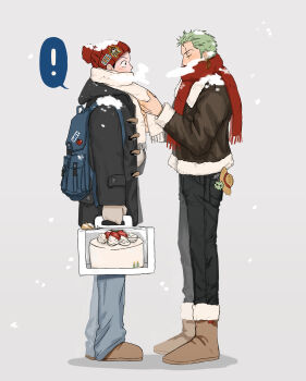 Rule 34 | !, 2boys, absurdres, alternate costume, arms up, backpack, bag, black coat, black jacket, black pants, blue bag, blue pants, boots, box, brown boots, brown shoes, cake, charm (object), closed eyes, coat, colored speech bubble, commentary, denim, earrings, food, from side, fruit, full body, fur-trimmed boots, fur-trimmed jacket, fur-trimmed sleeves, fur trim, green hair, grey background, hat, highres, holding, holding box, hood, hooded coat, jacket, jeans, jewelry, jjerri00, male focus, medium sideburns, monkey d. luffy, multiple boys, multiple earrings, one piece, pants, piercing, red hat, red scarf, roronoa zoro, scar, scar across eye, scar on face, scarf, shoes, sideburns, snow, snowing, speech bubble, spoken exclamation mark, standing, strawberry, symbol-only commentary, white fur, white scarf, winter clothes