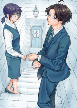 1boy 1girl amata_(kanazawa_shinnosuke) blue_eyes brown_hair commentary_request door formal_clothes glasses hanku_(kanazawa_shinnosuke) highres kaisha_to_shiseikatsu kanazawa_shinnosuke long_sleeves mole mole_under_eye necktie office_lady salaryman shirt shoes stairs suit vest white_shirt