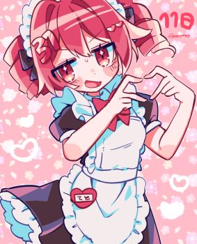 1girl apron black_dress commentary dress drill_hair floral_background kasane_teto kasane_teto_(utau) maid maid_apron maid_headdress red_eyes red_hair red_ribbon ribbon symbol-only_commentary twin_drills utau white_apron yuusuke-kun