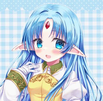 1girl :d absurdres bandaged_hand bandages blue_background blue_eyes blue_hair blush breasts chinese_commentary commentary_request commission curtained_hair elf facing_viewer forehead forehead_jewel gem gingham_background hair_intakes hand_up highres juliet_sleeves kalar_(race) large_ears linnaiaaa long_hair long_sleeves looking_to_the_side middle_part open_mouth parted_bangs petite plaid_background pointy_ears portrait puffy_sleeves rance_(series) red_gemstone reset_kalar shirt small_breasts smile solo too_many_watermarks watermark white_shirt wing_collar