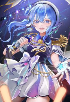 1girl absurdres beckoning beret blue_eyes blue_hair blue_shirt bow brooch collared_shirt commentary_request concert detached_sleeves double-parted_bangs earrings epaulettes fingerless_gloves gloves glowstick hair_between_eyes hair_bun hat high-waist_skirt highres holding holding_microphone hololive hoshimachi_suisei hoshimachi_suisei_(supernova) hoshimachi_suisei_(old_design)_(dress-up_ver.) idol idol_clothes jewelry looking_at_viewer microphone nail_polish object_floating_above_hand official_alternate_costume one_eye_closed open_mouth penlight_(glowstick) puffy_detached_sleeves puffy_short_sleeves puffy_sleeves shirt short_sleeves side_cape side_ponytail side_up_bun single_detached_sleeve single_earring single_epaulette single_sidelock skirt smile solo stage star_(symbol) star_brooch star_in_eye symbol_in_eye tk@illustration virtual_youtuber waist_bow white_gloves white_hat white_skirt