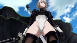 1girl 2b_(nier:automata) 3d animated arms_up ass blue_eyes breasts curvy foreshortening frown bad_tag gluteal_fold granblue_fantasy granblue_fantasy_versus:_rising highleg highleg_leotard holding holding_sword holding_weapon leotard low_angle medium_breasts nier:automata nier_(series) ryona shiny_skin solo standing stretching sword tagme third-party_edit thong_leotard video video_game weapon white_hair white_leotard wide_hips