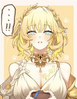 Rule 34 | !, ..., 1girl, aglaea (honkai: star rail), bare shoulders, blonde hair, border, box, breast tattoo, breasts, cleavage, commentary, commentary request, dress, english commentary, gold tattoo, green eyes, highres, holding, holding box, honkai: star rail, honkai (series), large breasts, laurel crown, mixed-language commentary, parted lips, puyopuyo 10, short hair, solo, speech bubble, spoken ellipsis, spoken exclamation mark, tattoo, upper body, valentine, white border, white dress, yellow background