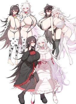 2girls absurdres animal_collar animal_print areola_slip bell bikini black_boots black_bra black_dress black_hair black_panties blush boots bra breast_press breasts chozgum clenched_teeth collar commission cow_print cow_print_bikini cowbell curvy dress elbow_gloves female_pervert frilled_dress frills gloves hair_branch highres huge_breasts lingerie long_hair multiple_girls multiple_views narrow_waist neck_bell original panties pervert pink_eyes print_bikini rame_tree_(heuksaek) red_eyes revealing_clothes rime_tree_(heuksaek) bad_tag simple_background slingshot_swimsuit smile swimsuit teeth thighhighs thighs underwear very_long_hair white_background white_bra white_dress white_hair white_panties