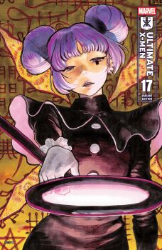 1girl absurdres black_dress black_tears blunt_bangs comic_cover company_name copyright_logo copyright_name cover cover_page double_bun dress english_text gloves hair_bun highres holding holding_magnifying_glass logo long_hair looking_down magnifying_glass marvel multiple_piercings nico_minoru official_art open_mouth peach_momoko purple_eyes purple_hair purple_lips runaways_(marvel) solo tears tears_from_one_eye upper_body white_gloves x-men yellow_background