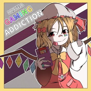 1girl absurdres adapted_costume bandaid bandaid_on_face bandaid_on_hand bandaid_on_nose blonde_hair border bow bowtie closed_mouth cloudykeyz commentary cowboy_shot english_commentary english_text flandre_scarlet game_boy handheld_game_console hat highres holding holding_handheld_game_console light_smile long_sleeves looking_at_viewer medium_hair mob_cap multicolored_wings patchwork_clothes red_eyes red_ribbon ribbon ribbon-trimmed_headwear ribbon_trim shirt simple_background sleeve_rolled_up sleeves_past_fingers sleeves_past_wrists solo tamagotchi tamagotchi_(classic) tamagotchi_(virtual_pet) touhou virtual_pet_(toy) white_hat white_shirt wide_sleeves wings yellow_border yellow_bow yellow_bowtie