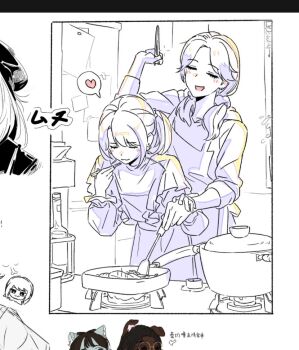 Rule 34 | 1girl, :3, apron, chinese commentary, commentary request, cooking, earrings, heart, holding hands, jewelry, long sleeves, low twintails, mole, mole above mouth, ponytail, real life, sasaki rico (voice actor), short ponytail, spoken heart, twintails, voice actor, xinyi6239222644, yonezawa akane, yuri