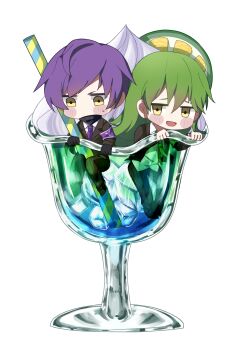 2boys :d armband black_gloves black_jacket black_pants blush chibi chibi_only collared_shirt dress_shirt drinking_straw food formal_clothes gloves green_hair green_necktie highres ice in_food jacket lapels lobotomy_corporation long_hair long_sleeves male_focus mingxu_(user_axsd8875) mini_person miniboy multiple_boys necktie netzach_(project_moon) open_mouth pants parfait project_moon purple_armband purple_hair purple_necktie shirt shoes short_hair smile suit whipped_cream white_shirt yellow_eyes yesod_(project_moon)
