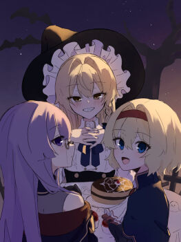 Rule 34 | 3girls, alice margatroid, alternate costume, ascot, bat (animal), black hat, blonde hair, blue capelet, blue eyes, blush, bow, braid, capelet, commentary request, food, grin, hair bow, hair intakes, hairband, hat, highres, interlocked fingers, kirisame marisa, long hair, looking at viewer, monocle, multiple girls, night, no headwear, open mouth, own hands together, pancake, patchouli knowledge, plate, purple eyes, purple hair, red hairband, shirataki oden2, short hair, side braid, single braid, sky, smile, table, touhou, white ascot, witch hat, yellow eyes