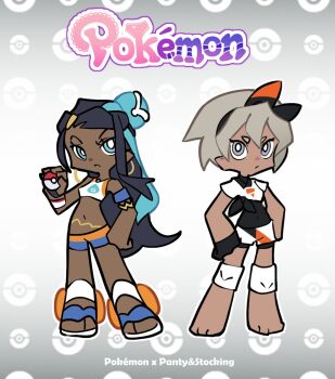 Rule 34 | 2girls, aqua eyes, armlet, barefoot, bea (pokemon), black hairband, bright pupils, closed mouth, commentary, copyright name, dark-skinned female, dark skin, dynamax band, earrings, english commentary, eyelashes, grey eyes, grey hair, hair bun, hairband, highres, holding, holding poke ball, jewelry, knee pads, long hair, multicolored hair, multiple girls, nessa (pokemon), nintendo, panty &amp; stocking with garterbelt (style), poke ball, poke ball (basic), pokemon, pokemon pants - cato, pokemon sword and shield, sandals, shirt, short hair, short sleeves, shorts, single hair bun, standing, tied shirt, two-tone hair, white pupils, white sandals, white shirt