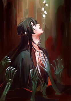 1boy actcat3 ahoge bishounen black_hair black_hanfu blood blood_on_chest bone chinese_clothes disembodied_hand flower from_side hair_down hair_ribbon half_updo hand_on_another's_chest hand_on_another's_neck hanfu highres implied_yaoi injury long_hair looking_up male_focus modao_zushi official_alternate_hairstyle open_mouth partially_submerged profile red_ribbon red_water ribbon robe sidelocks skeletal_arm skeletal_hand skeleton solo_focus sparkle surrounded_by_hands tongue tongue_out upper_body water wei_wuxian wei_wuxian_(yiling_laozu) white_flower