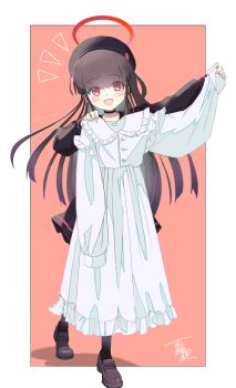 1girl beret black_choker black_hair black_hat black_shoes black_skirt blue_archive choker commentary_request dress full_body halo hat highres holding holding_unworn_clothes holding_unworn_dress justice_task_force_member_(blue_archive) loafers long_hair long_sleeves looking_at_viewer minami_linli pleated_skirt red_eyes red_halo shoes signature skirt solo unworn_dress