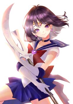 absurdres back_bow bishoujo_senshi_sailor_moon blue_sailor_collar blue_skirt blunt_bangs bow bowtie brooch choker earrings gem highres jewelry miniskirt pleated_skirt purple_eyes purple_gemstone purple_hair red_bow red_bowtie sailor_collar sailor_saturn shirt short_hair short_sleeves silence_glaive skirt smile star_(symbol) star_choker tiara tomoe_hotaru user_scpr5772 white_shirt