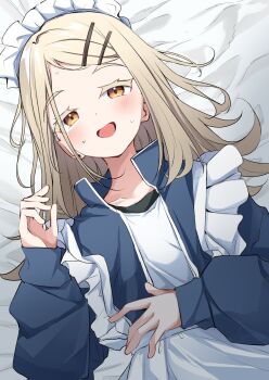 1girl apron bed_sheet blonde_hair blue_jacket blush collarbone colored_eyelashes commentary frills gakuen_idolmaster hair_ornament hairclip hand_on_own_stomach highres idolmaster jacket jersey_maid keito4f long_hair long_sleeves looking_at_viewer lying maid maid_apron maid_headdress on_back on_bed open_clothes open_jacket open_mouth orange_eyes shinosawa_hiro shirt solo sweat track_jacket unconventional_maid white_apron white_shirt