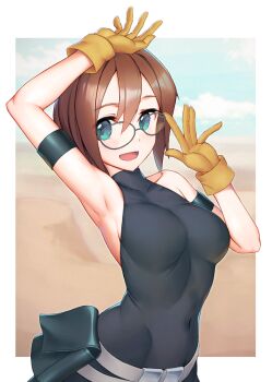 1girl :d arched_back arm_strap arm_up armpits bare_shoulders belt belt_pouch black-framed_eyewear blue_sky bodysuit breasts brown_hair cloud commentary_request covered_collarbone covered_navel gloves green_eyes grey_belt hair_between_eyes hand_up highres impossible_clothes kinon_bachika looking_at_viewer medium_breasts open_mouth outstretched_hand pouch rotix round_eyewear sand short_hair skin_tight sky sleeveless smile solo tengen_toppa_gurren_lagann yellow_gloves