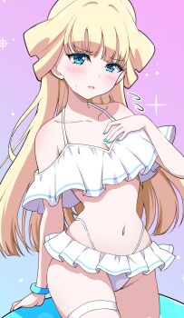 1girl bikini blonde_hair blue_eyes blue_nails blush bracelet commentary cowboy_shot flying_sweatdrops frilled_bikini frills frown half-closed_eyes half_updo halterneck hand_on_own_chest highres holding holding_swim_ring innertube jewelry kaatsu_katsurou long_hair looking_at_viewer multi-strapped_bikini_bottom nail_polish navel nekoyashiki_yuki off-shoulder_bikini off_shoulder open_mouth precure solo standing sweatdrop swim_ring swimsuit textless_version thigh_strap white_bikini wonderful_precure!