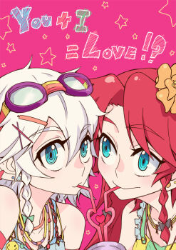 2girls bad_id bad_pixiv_id blue_eyes bow braid earrings eyewear_on_head female_focus flower hair_bow hair_flower hair_ornament hairclip heart hong_meiling izayoi_sakuya jewelry multiple_girls red_hair shared_drink smiley_face star_(symbol) embodiment_of_scarlet_devil tima touhou twin_braids white_hair yuri