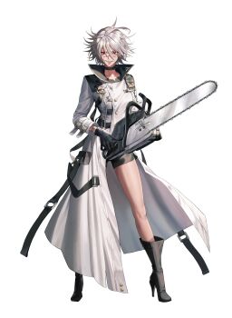 1girl absurdres artist_request black_gloves black_survival boots chainsaw coat commentary english_commentary gloves grey_hair grin hair_between_eyes high_heel_boots high_heels highres holding holding_chainsaw jackie_quilt official_art red_eyes scar scar_on_face scar_on_nose smile solo standing third-party_source transparent_background white_coat