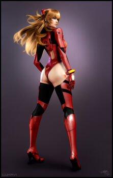 1girl 2012 3d absurdres adapted_costume arms_at_sides artist_name ass back back_cutout bad_cgsociety_id bad_id black_border blue_eyes boots border bracer breasts clothing_cutout dated female_focus floating_hair from_behind from_side gloves gradient_background grey_background hair_ornament headgear high_heel_boots high_heels highleg highleg_leotard highres kneepits legs_apart leotard lips long_hair looking_back looking_to_the_side lukavi mecha_pilot_suit mole neon_genesis_evangelion orange_hair parted_lips pilot_suit plugsuit_(evangelion) realistic red_boots red_hair red_leotard red_thighhighs shiny_clothes signature simple_background skin_tight small_breasts solo souryuu_asuka_langley standing thigh_boots thighhighs turtleneck two_side_up