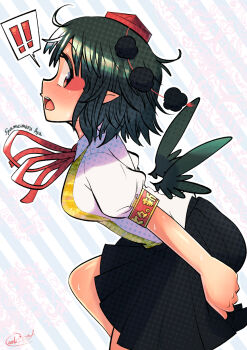 ! !! 1girl :o armband background_request bird_girl bird_wings black_hair black_skirt blue_background blush breasts carte character_name clenched_hand commentary_request feet_out_of_frame from_side hat highres looking_back medium_breasts medium_hair messy_hair neck_ribbon open_mouth pointy_ears pom_pom_(clothes) puffy_short_sleeves puffy_sleeves red_armband red_eyes red_hat red_ribbon ribbon shameimaru_aya shirt short_sleeves signature single_vertical_stripe skirt solo speech_bubble spoken_exclamation_mark striped_background sweatdrop teeth tokin_hat touhou upper_teeth_only white_background white_shirt wings yellow_shirt