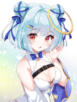 Rule 34 | 1girl, belt, black belt, blue bow, blue hair, blue ribbon, blue sleeves, bow, breasts, brooch, cleavage, commentary, commission, detached sleeves, double bun, english commentary, eyes visible through hair, fang, hair bun, hair ribbon, highres, indie virtual youtuber, jewelry, leotard, medium breasts, red eyes, ribbon, short hair, skin fang, solo, tenno sai, virtual youtuber, white leotard, white sleeves, yui mirano