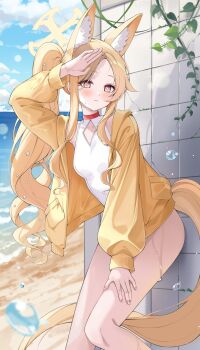 1girl \||/ absurdres animal_ear_fluff animal_ears backlighting beach blonde_hair blue_archive blue_sky blurry blush breasts bright_pupils closed_mouth clothing_cutout cloud commentary cross_halo day depth_of_field diamond_cutout extra_ears eyelashes feet_out_of_frame fingernails forehead fox_ears fox_girl fox_tail halo hand_on_own_thigh hand_up highres jacket leaf leaning_forward lebring light_frown long_hair looking_at_viewer multicolored_eyes ocean official_alternate_costume official_alternate_hairstyle one-piece_swimsuit open_clothes open_jacket outdoors parted_bangs pink_eyes seia_(blue_archive) seia_(swimsuit)_(blue_archive) shading_eyes side_ponytail sidelocks sky sleeves_past_wrists small_breasts solo split_mouth standing swimsuit tail thighs tile_wall tiles tsurime two-tone_eyes very_long_hair water_drop wavy_ends wet white_jacket white_one-piece_swimsuit white_pupils yellow_eyes yellow_halo