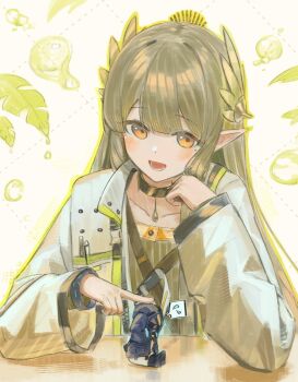 1girl 1other :d arknights black_choker blush choker collarbone commentary doctor_(arknights) elf flying_sweatdrops grey_hair hair_ornament infection_monitor_(arknights) jacket long_hair long_sleeves lower_teeth_only muelsyse_(arknights) open_clothes open_jacket open_mouth pointy_ears size_difference smile spoken_flying_sweatdrops teeth uito_yzwa white_background white_jacket yellow_eyes