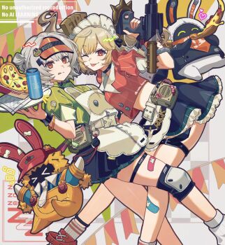 Rule 34 | 2girls, anby demara, anby demara (operation yum 2025), bandaid, bandaid on leg, black skirt, blonde hair, burnice white, burnice white (operation yum 2025), eous (zenless zone zero), flamethrower, food, green shirt, grey hair, highres, holding, holding flamethrower, holding plate, holding weapon, knee pads, medium hair, multiple girls, official alternate costume, one eye closed, pizza, plate, rabb horn, red eyes, red shirt, red shoes, shirt, shoes, skirt, smile, socks, thigh strap, tongue, tongue out, twintails, weapon, white socks, zenless zone zero