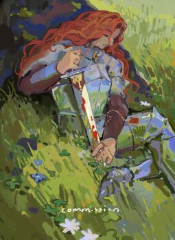 1girl armor blood bloody_weapon character_request closed_eyes commentary commission copyright_request facing_down flower foot_out_of_frame full_armor grass highres holding holding_sword holding_weapon long_hair outdoors parted_lips red_hair saildraws simple_background solo sword symbol-only_commentary wavy_hair weapon