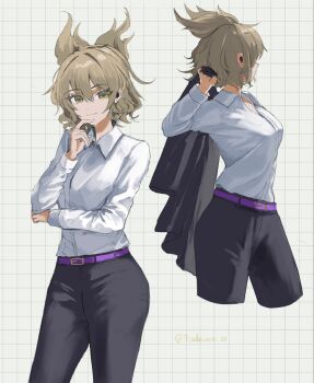 1girl alternate_costume artist_name belt black_jacket black_pants blonde_hair brown_eyes commentary contemporary formal_clothes from_side grid_background highres holding_unworn_jacket jacket looking_at_viewer multiple_views pants purple_belt shirt suit touhou toyosatomimi_no_miko wanya2panic white_shirt wireless_earphones