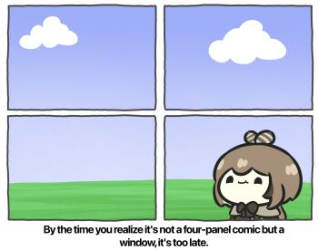 1girl bliss_(image) blue_sky bow bowtie brown_capelet brown_hair capelet caption chibi cloud commentary day english_text feather_hair_ornament feathers female_focus fourth_wall grass hair_ornament highres hill hololive hololive_english horizon looking_at_viewer microsoft_windows nanashi_mumei nanashi_mumei_(1st_costume) owl_girl photo-referenced short_hair sky smile solo standing superappleman virtual_youtuber window windows_xp