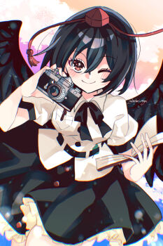 Rule 34 | 1girl, ;), black bow, black bowtie, black hair, black skirt, black wings, blush, book, bow, bowtie, breasts, brown eyes, camera, closed mouth, commentary request, crossed bangs, digital camera, feathered wings, frilled skirt, frills, hair between eyes, hat, highres, holding, holding book, holding camera, katsuragi atori, looking at viewer, medium breasts, one eye closed, puffy short sleeves, puffy sleeves, red hat, ribbon-trimmed shirt, ribbon trim, shameimaru aya, shirt, short hair, short sleeves, skirt, smile, solo, tokin hat, touhou, twitter username, white shirt, wings