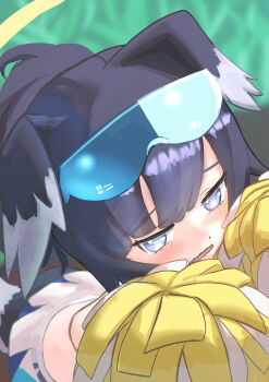 1girl absurdres animal_ears black_hair blacksirokuma blue_archive blue_eyes blush cheerleader commentary_request dog_ears dog_girl dog_tail goggles goggles_on_head halo hibiki_(blue_archive) hibiki_(cheer_squad)_(blue_archive) highres holding holding_pom_poms long_hair looking_at_viewer millennium_cheerleader_outfit_(blue_archive) official_alternate_costume open_mouth pom_pom_(cheerleading) pom_poms simple_background skirt solo tail yellow_halo
