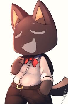 1boy animal_ears belt belt_buckle black_belt black_fur black_pants bow bowtie buckle cat_boy cat_ears cat_tail chibikemo closed_eyes commentary cowboy_shot doko_demo_issyo english_commentary furry furry_male highres kuro_(doko_demo_issyo) male_focus pants red_bow red_bowtie shirt simple_background smile solo tail white_shirt wolfaroon