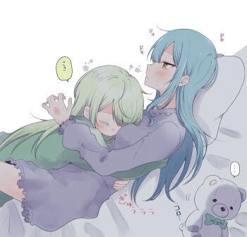 2girls bang_dream! bang_dream!_it&#039;s_mygo!!!!! blue_hair blush closed_mouth commentary_request cuddling dress green_dress green_hair hand_blush highres long_hair multiple_girls nago_(hasakimati) pillow purple_dress simple_background speech_bubble stuffed_animal stuffed_toy teddy_bear togawa_sakiko translation_request wakaba_mutsumi white_background yellow_eyes yuri