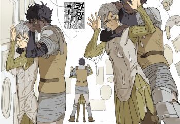 2boys against_wall androgynous anger_vein armor black_hair black_shirt blue_eyes chainmail comic_panel_inset commentary curly_hair dark-skinned_male dark_skin dungeon_meshi elf empty_eyes green_tunic highres kabru knee_pads korean_commentary korean_text kui_ryouko lazy_eye liquid medium_hair mithrun mon_g_11 multiple_boys pauldrons pointy_ears restrained shirt short_hair shoulder_armor sleeveless sleeveless_shirt sweat tunic wet white_background white_hair white_shirt