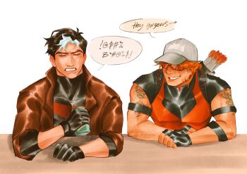 archery arm_tattoo arsenal_(dc) baseball_cap bat_signal batman_(series) batman_symbol black_bodysuit black_gloves black_hair bodysuit brown_jacket dc_comics gloves grey_bodysuit hat highres holding jacket jason_todd male_focus multicolored_bodysuit multicolored_hair multiple_boys muscular muscular_male open_clothes orange_hair red_bodysuit red_hood_(dc) red_hood_and_the_outlaws roy_harper short_hair skeehcttub smile superhero_costume tattoo taut_bodysuit two-tone_bodysuit