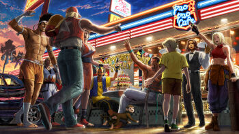 2girls 6+boys andy_bogard baseball_cap birthday_cake blue_mary bob_wilson boxing_shorts cake commentary crop_top dark-skinned_male dark_skin diner dreadlocks duck_king english_commentary evening fatal_fury food happy_birthday hat headband highres japanese_clothes joe_higashi mohawk monkey multiple_boys multiple_girls muscular muscular_male neon_lights official_art richard_meyer rock_howard shiranui_mai shorts sitting snk star_(symbol) street_fighter street_fighter_6 table terry_bogard thumbs_up topless_male tray ukkii_(snk) waiter