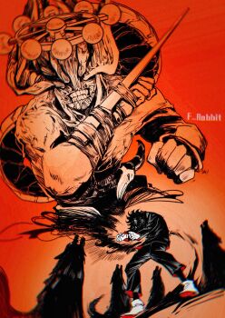 1boy 1other absurdres artist_name commentary_request eight-handed_wheel f_rabbit four_eyes fushiguro_megumi grin gyokuken head_tail highres jujutsu_kaisen jujutsu_tech_uniform mahoraga_(jujutsu_kaisen) monster muscular muscular_other shikigami smile spot_color sword_of_extermination upper_body wheel_of_dharma wings_as_eyes wolf