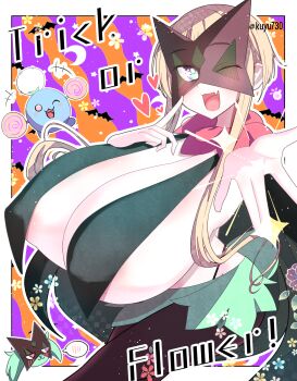 1girl areola_slip blonde_hair blush border breast_curtains breasts english_text fang female_focus gen_2_pokemon gigantic_breasts jumpluff kuyu730 long_hair looking_at_viewer mask meowscarada meowscarada_(cosplay) nintendo one_eye_closed open_mouth original outline pale_skin pokemon shiny_skin skin_fang smile standing white_border white_outline wink