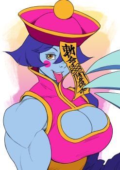 1girl blue_skin blush_stickers breasts capcom chinese_clothes claws cleavage cleavage_cutout clothing_cutout colored_skin darkstalkers female_focus hsien-ko jiangshi large_breasts looking_at_viewer muscular muscular_female ofuda pokkuti purple_hair short_hair solo tongue tongue_out upper_body yellow_eyes