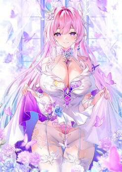 1girl absurdres akusamu bare_shoulders blue_hair blush breasts bug butterfly closed_mouth clothes_lift collarbone commentary cyrene_(honkai:_star_rail) cyrene_(ripples_of_past_reverie)_(honkai:_star_rail) diamond-shaped_pupils diamond_(shape) dress dress_lift fingernails flower garter_straps gluteal_fold hair_flower hair_ornament highres honkai:_star_rail honkai_(series) huge_breasts insect long_fingernails long_hair looking_at_viewer nail_polish pearl_thong pink_hair pink_nails pointy_ears pubic_tattoo purple_butterfly purple_eyes purple_flower purple_rose rose short_shorts shorts sidelocks smile solo symbol-shaped_pupils tattoo thigh_gap thighhighs thighs variant_set very_long_hair white_dress white_garter_straps white_shorts white_thighhighs