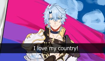 Rule 34 | 1boy, absurdres, armor, bisexual flag, black choker, blue eyes, choker, cloud, commentary, english commentary, english text, flag, hair between eyes, hand on own chest, highres, honkai: star rail, honkai (series), male focus, nero (ner0star), phainon (honkai: star rail), short hair, shoulder armor, signature, smile, solo, white hair, yellow pupils