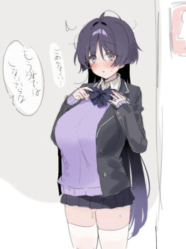 1girl au_au08 black_jacket blue_bow blue_bowtie blue_skirt blush bow bowtie breasts choppy_bangs commentary_request cowboy_shot eyeliner genderswap genderswap_(mtf) genshin_impact hair_between_eyes hands_up jacket large_breasts long_hair long_sleeves looking_ahead makeup miniskirt open_clothes open_jacket parted_lips purple_eyes purple_hair purple_sweater red_eyeliner scaramouche_(genshin_impact) sketch skirt solo sweat sweater thighhighs translation_request white_thighhighs