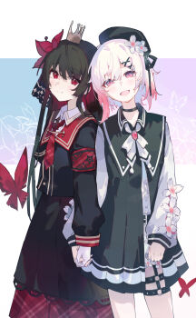2girls absurdres bai-hyacinth beret black_choker black_dress black_hair black_hat black_shirt black_skirt brooch bug butterfly choker closed_mouth crown dress flower gradient_hair hair_flower hair_ornament hat highres holding_hands insect interlocked_fingers jewelry long_hair long_sleeves looking_at_viewer mahou_shoujo_no_majo_saiban multicolored_hair multiple_girls neck_ribbon necktie nikaido_hiro o-ring o-ring_thigh_strap open_mouth pink_eyes pink_hair pleated_skirt red_butterfly red_eyes red_necktie ribbon sakuraba_ema shirt short_hair skirt smile standing thigh_strap white_flower white_hair white_ribbon x_hair_ornament